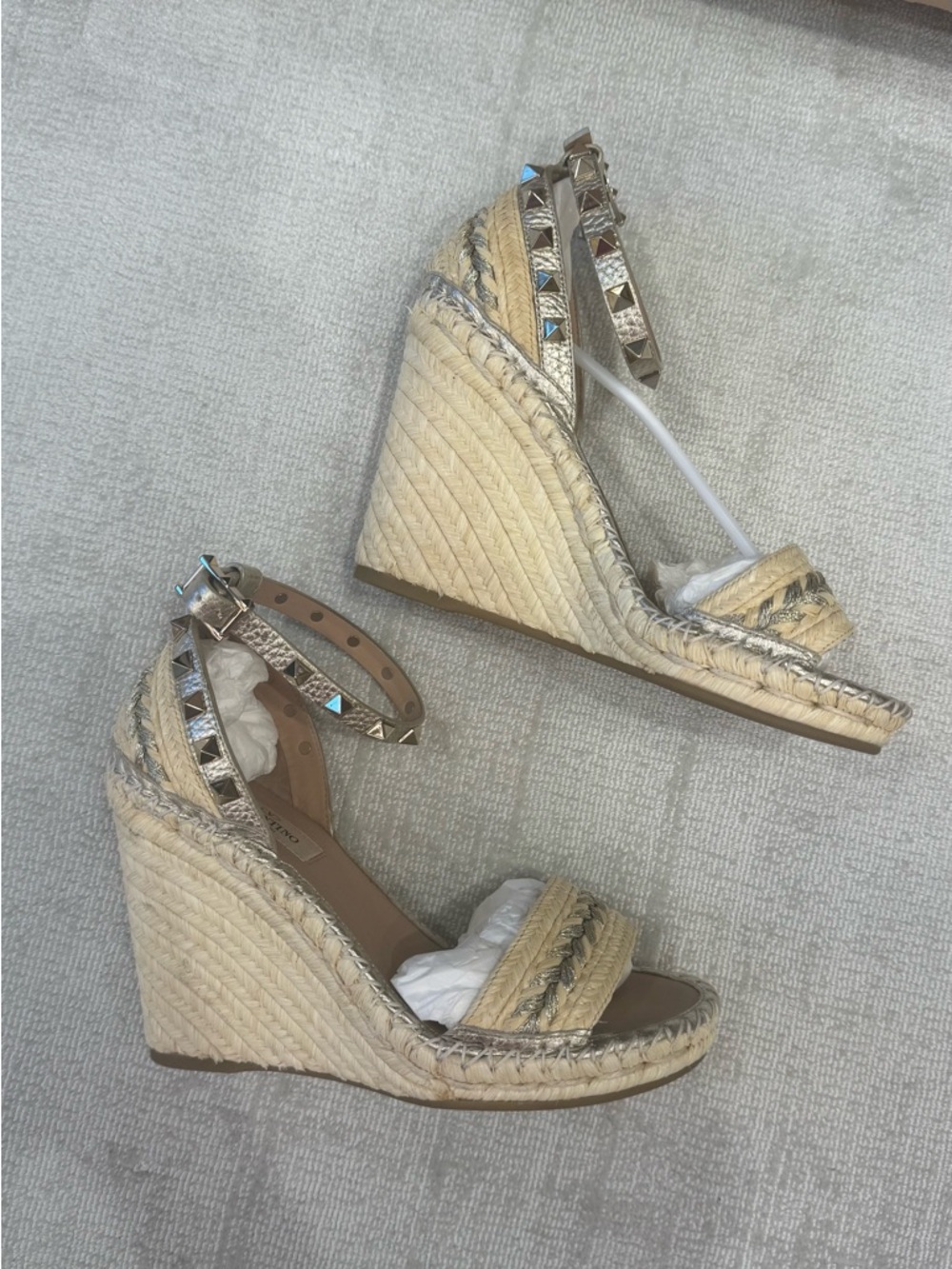Valentino Natural Raffia Espadrille Wedge Sandals with Studs